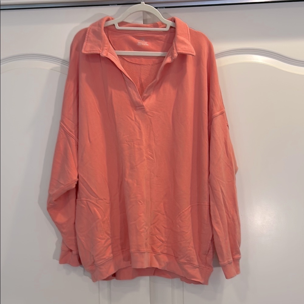 Aerie Happy Henley Everyday Oversized V Neck Collared Crew Neck Coral - Picture 2 of 7